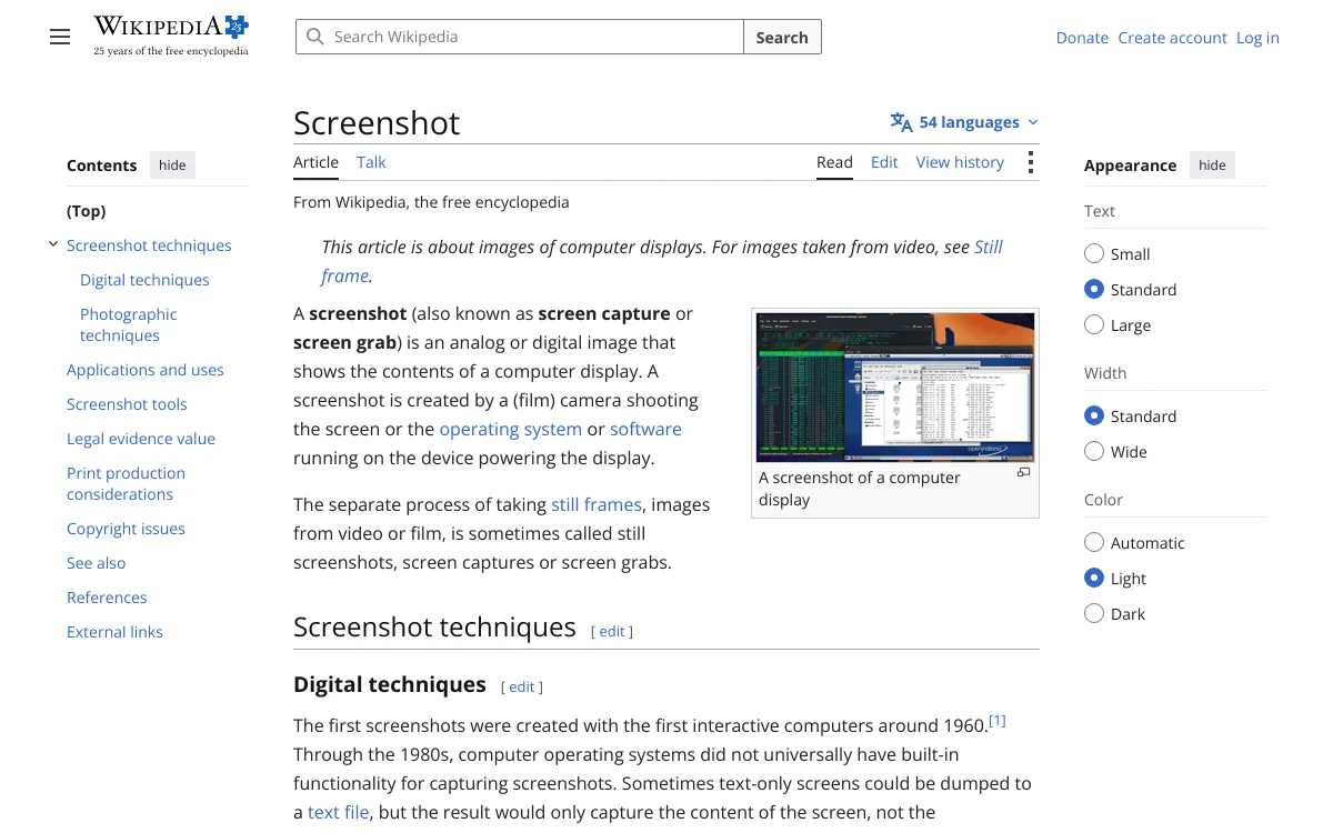 Screenshot API output: the Wikipedia article on screenshots captured at 1200 by 750 pixels